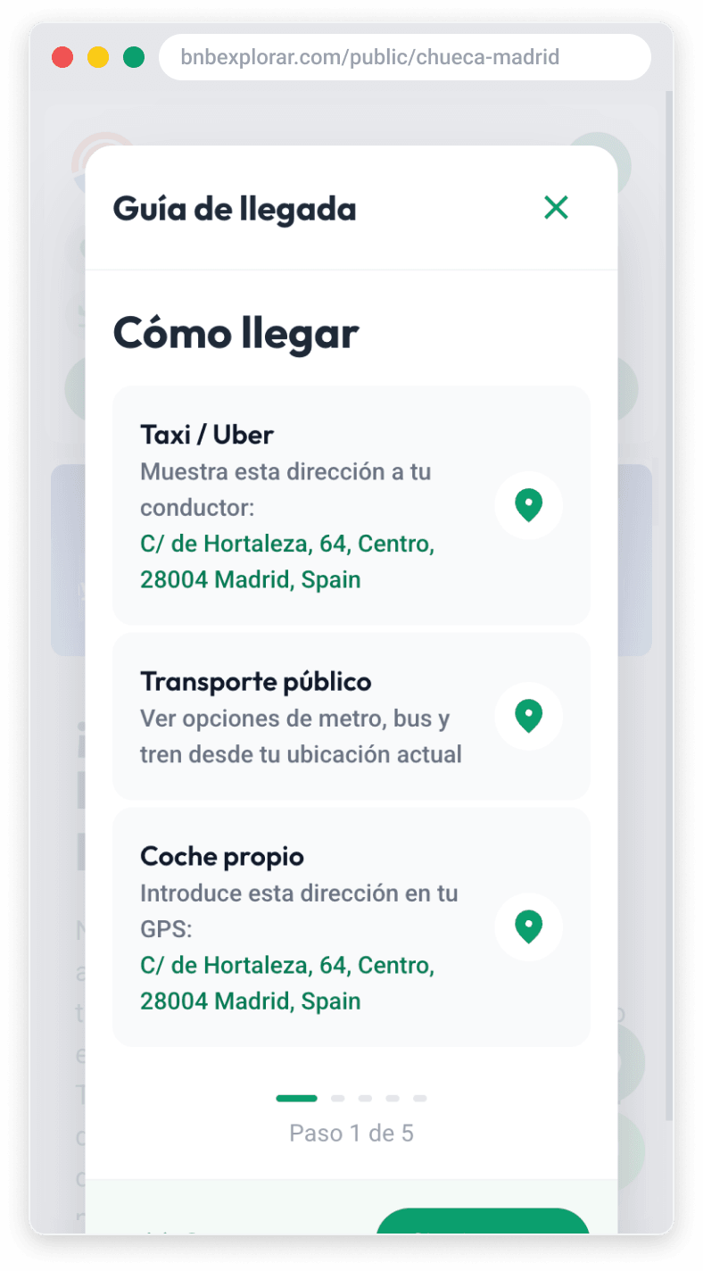 Sección de horario de check-in y check-out en la guía del alojamiento