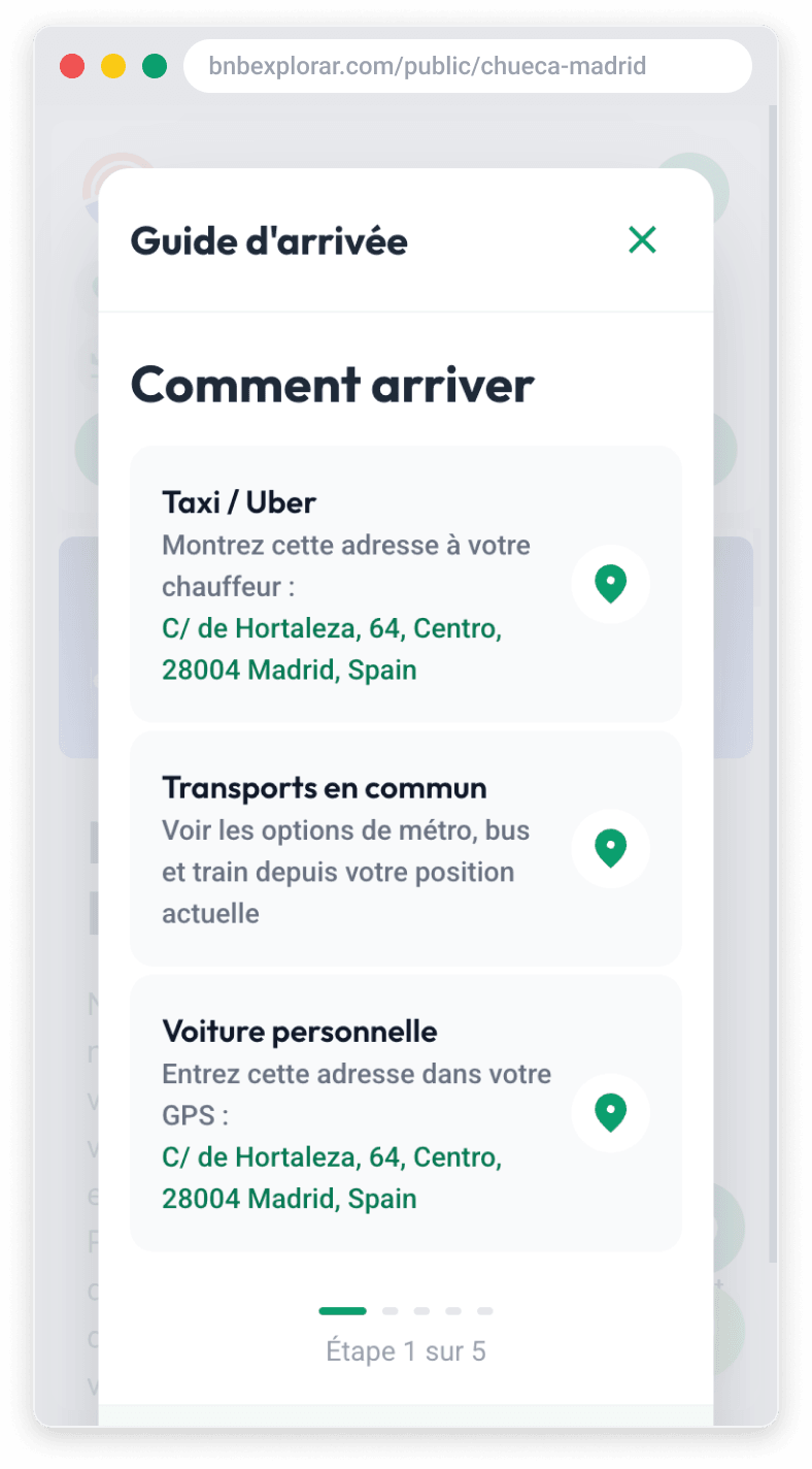 Section des horaires d'arrivée et de départ dans le guide du logement