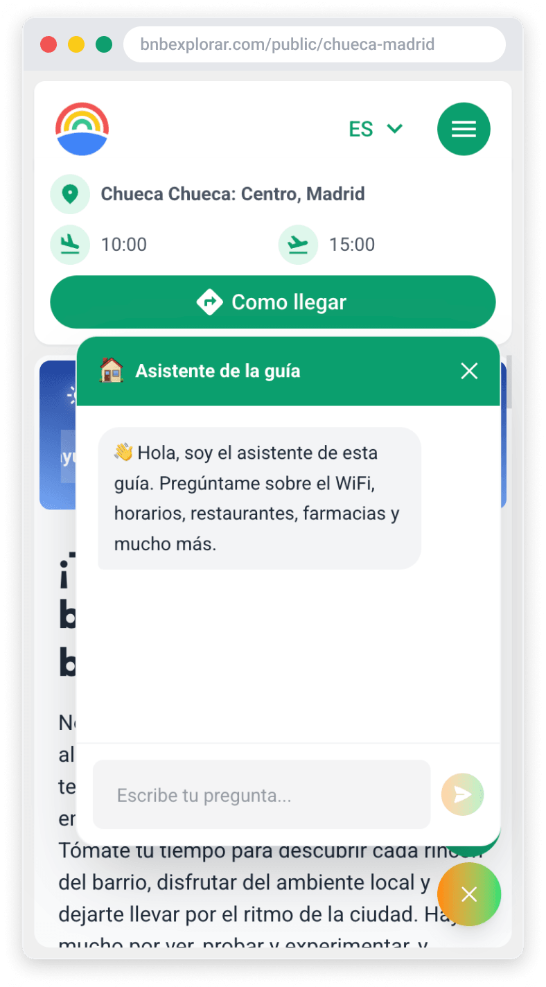 Asistente virtual respondiendo dudas del huésped dentro de la guía